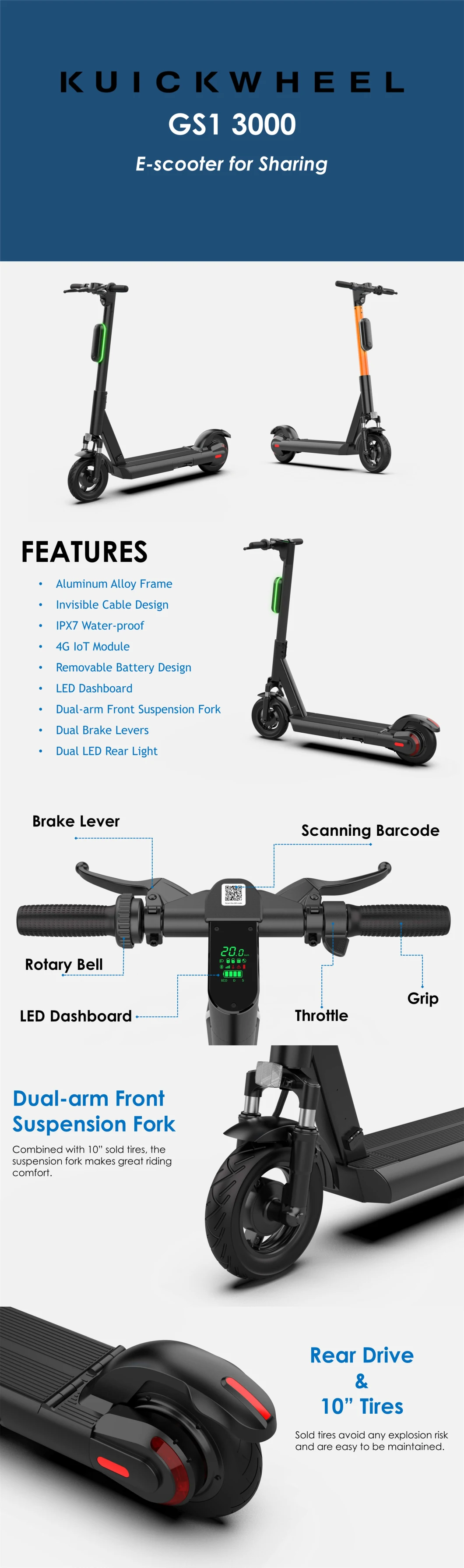 36V 8.5 Inch Sharing Electric Scooter GPS with Swappable Battery for Sharing with Iot Electric Scooter